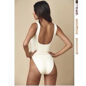 Montce Swim Cream Rib Kim One Piece Swimsuit Plunge V Neck XL NWT